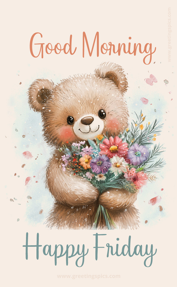 Good Morning Happy Friday a picture of a cute bear holding a bunch of flowers (tall rectangle shape picture)