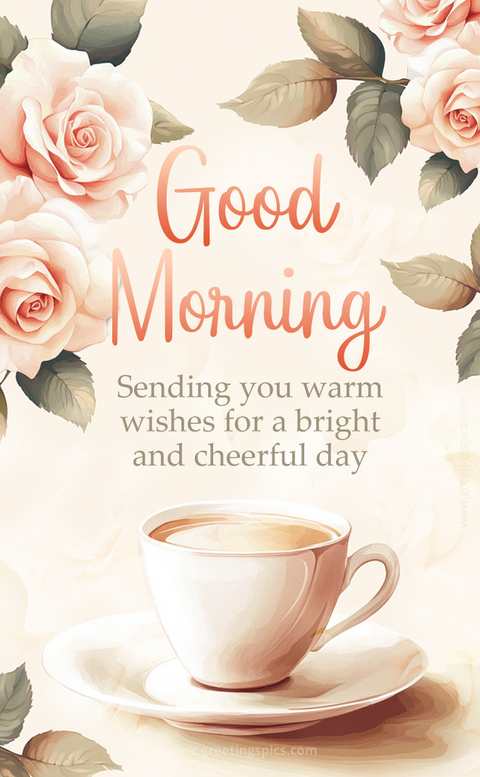 Good Morning beautiful wish card with delicate watercolor roses (tall rectangle shape picture)