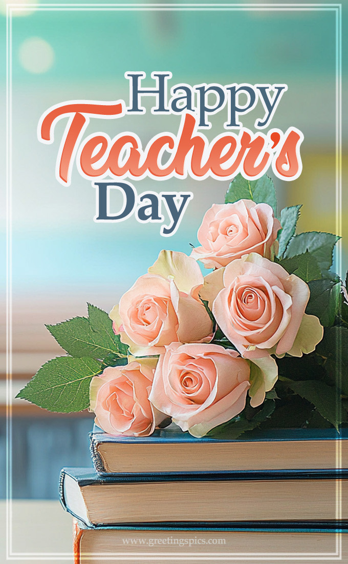 Happy Teacher's Day a picture of books and a bouquet of roses (tall rectangle shape picture)