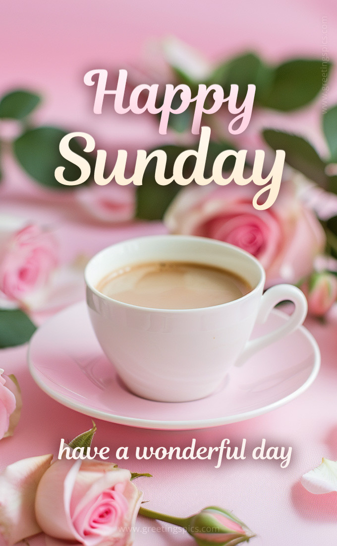 Happy Sunday image with a cup of coffee and beautiful pink roses (tall rectangle shape picture)