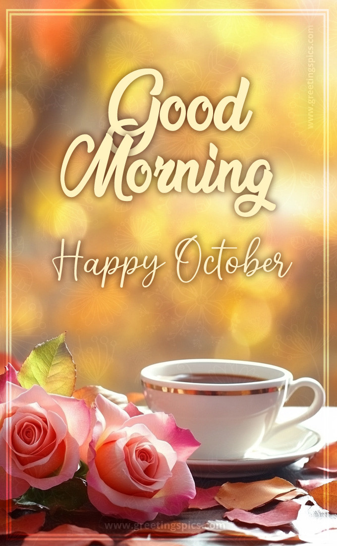 Good Morning Happy October picture with a cup of coffee and roses (tall rectangle shape picture)