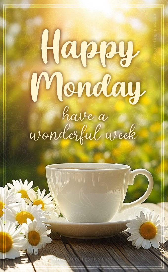 Happy Monday have a Wonderful Week picture with a cup of coffee and beautiful daisies (tall rectangle shape picture)