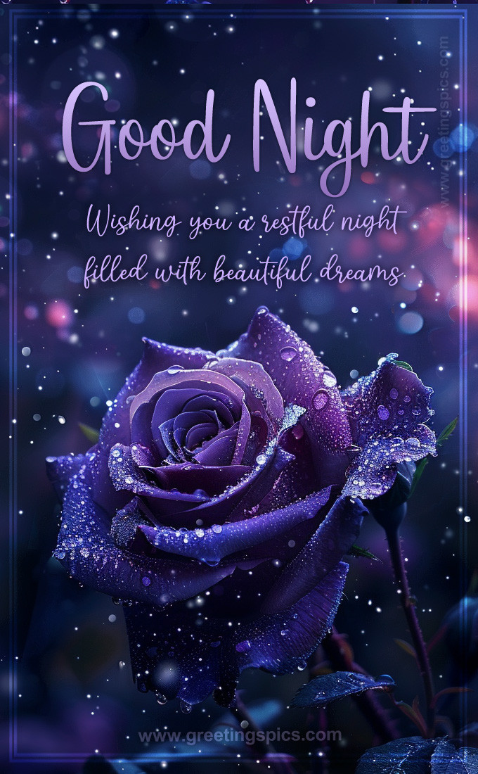 Good Night a picture of a beautiful purple rose and raindrops (tall rectangle shape picture)