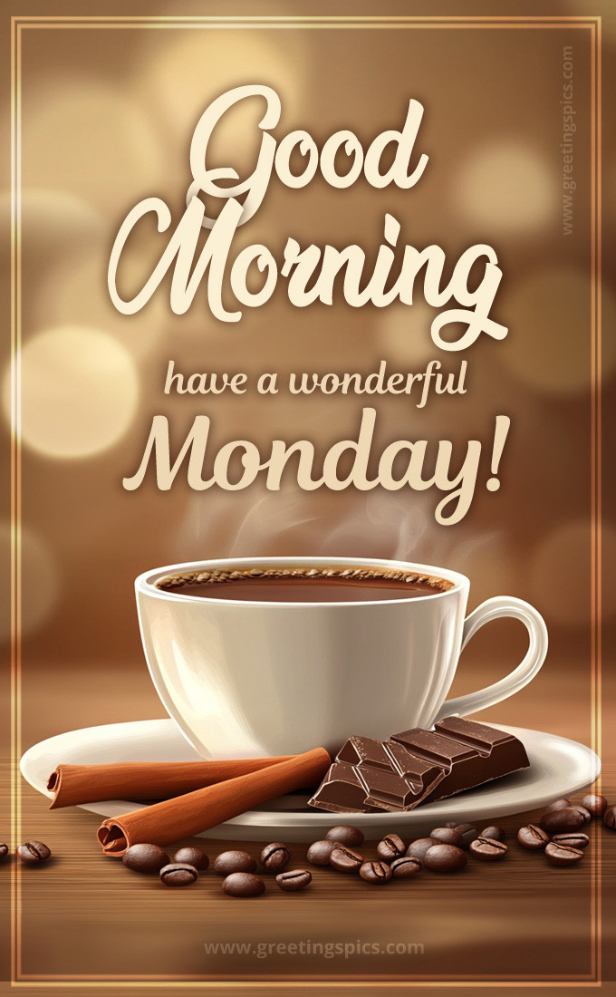 Good Morning have a Wonderful Monday image with coffee and chocolate (tall rectangle shape picture)