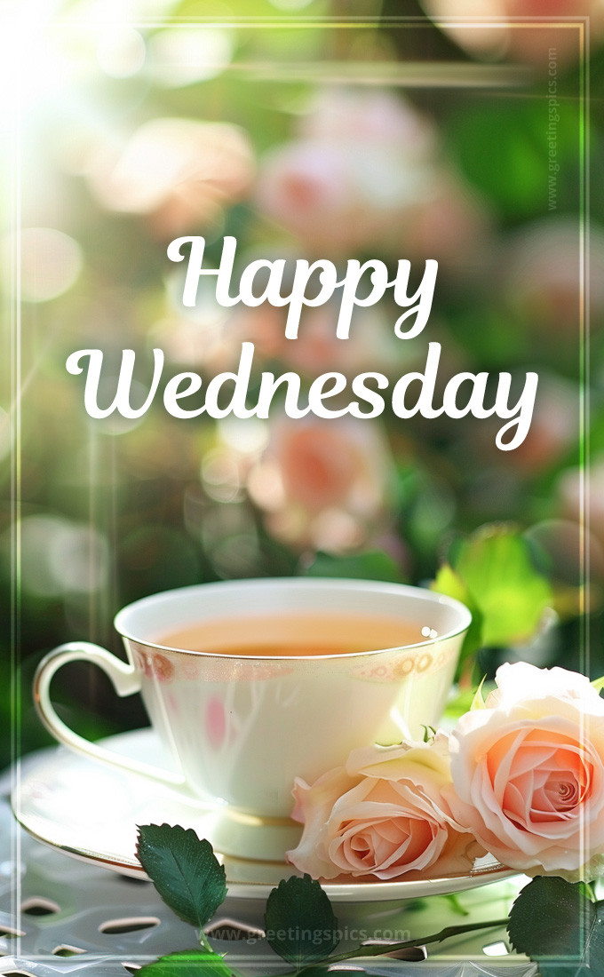 Happy Wednesday image with a cup of tea and pink roses (tall rectangle shape picture)