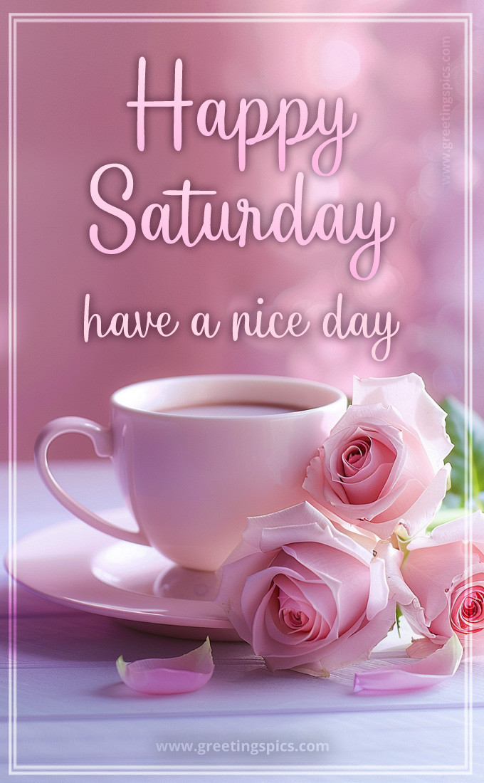 Happy Saturday have a Nice Day picture with a cup coffee and pink roses (tall rectangle shape picture)