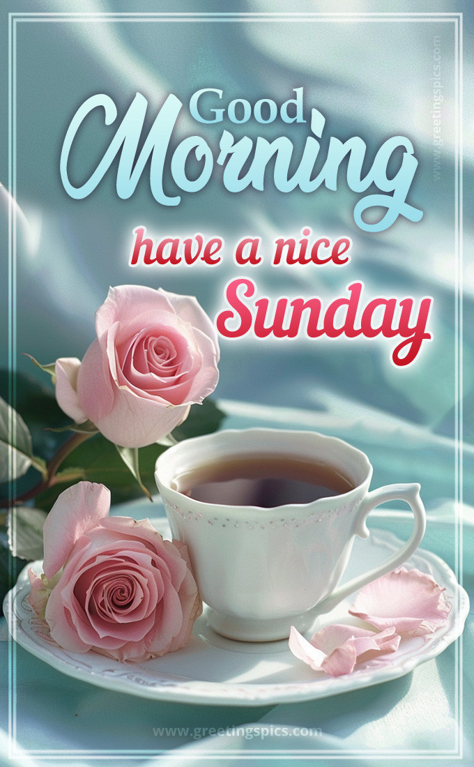 Good Morning have a Nice Sunday image with a cup of coffee and pink roses (tall rectangle shape picture)