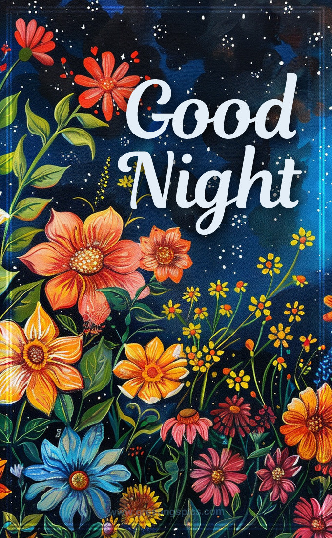 Good Night image with colorful flowers (tall rectangle shape picture)