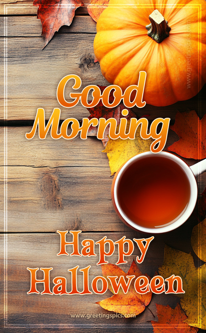 Good Morning Happy Halloween picture with fall leaves, pumpkin and a cup of tea (tall rectangle shape picture)