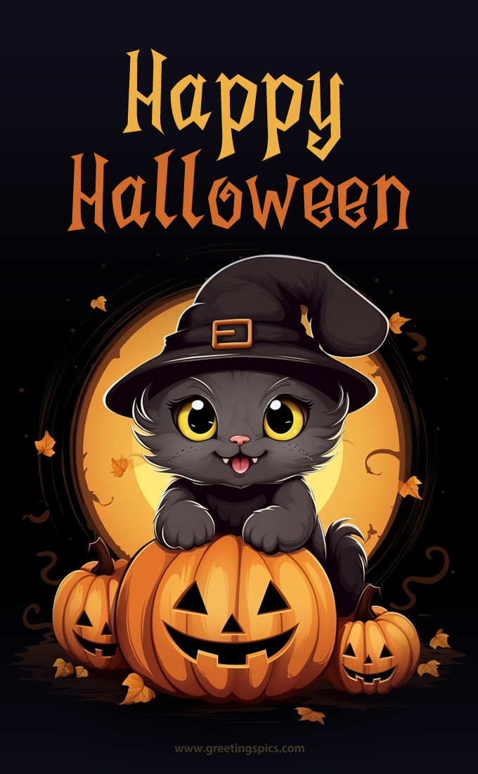 Happy Halloween Image wtih cute witch kitten on dark background (tall rectangle shape picture)