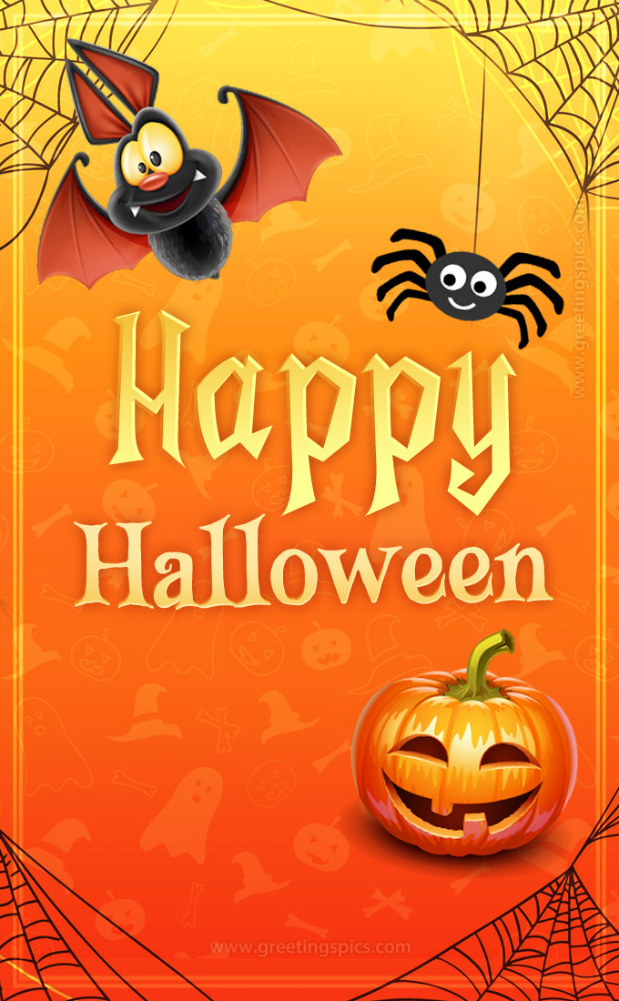 Happy Halloween funny picture with cute cartoon bat and spider (tall rectangle shape picture)