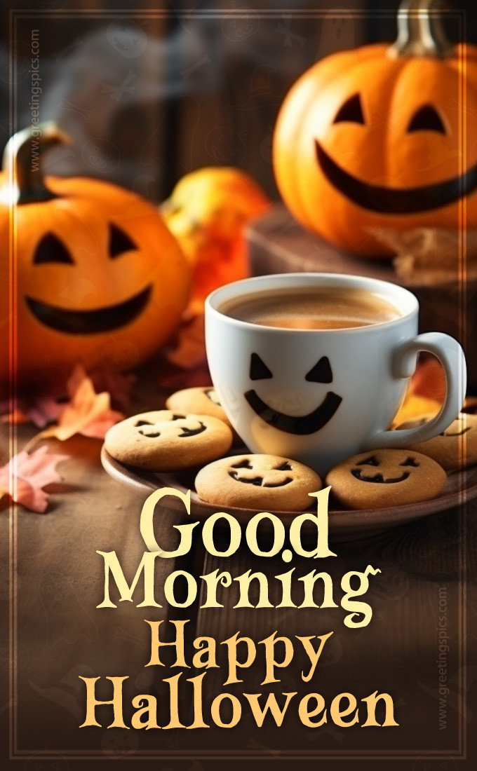 Good Morning Happy Halloween Image with cup of coffee and cookies (tall rectangle shape picture)