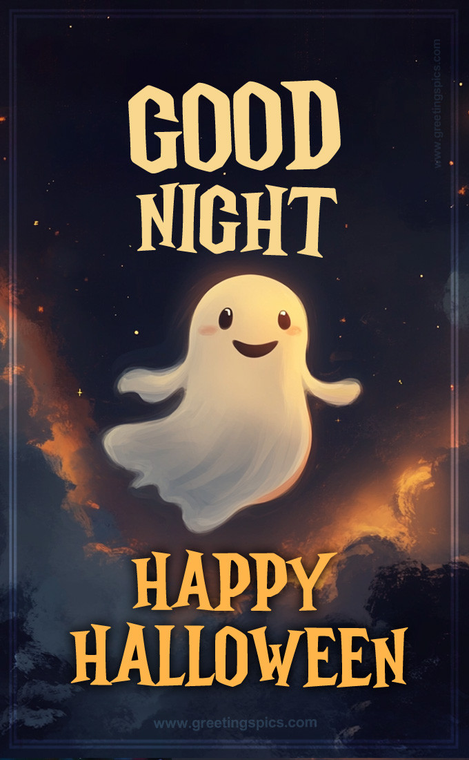 Good Night Happy Halloween picture with cute ghost in the night sky (tall rectangle shape picture)