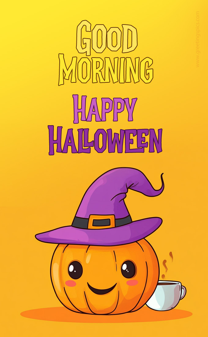 Good Morning Happy Halloween picture with a cute pumpkin and a cup of coffee (tall rectangle shape picture)