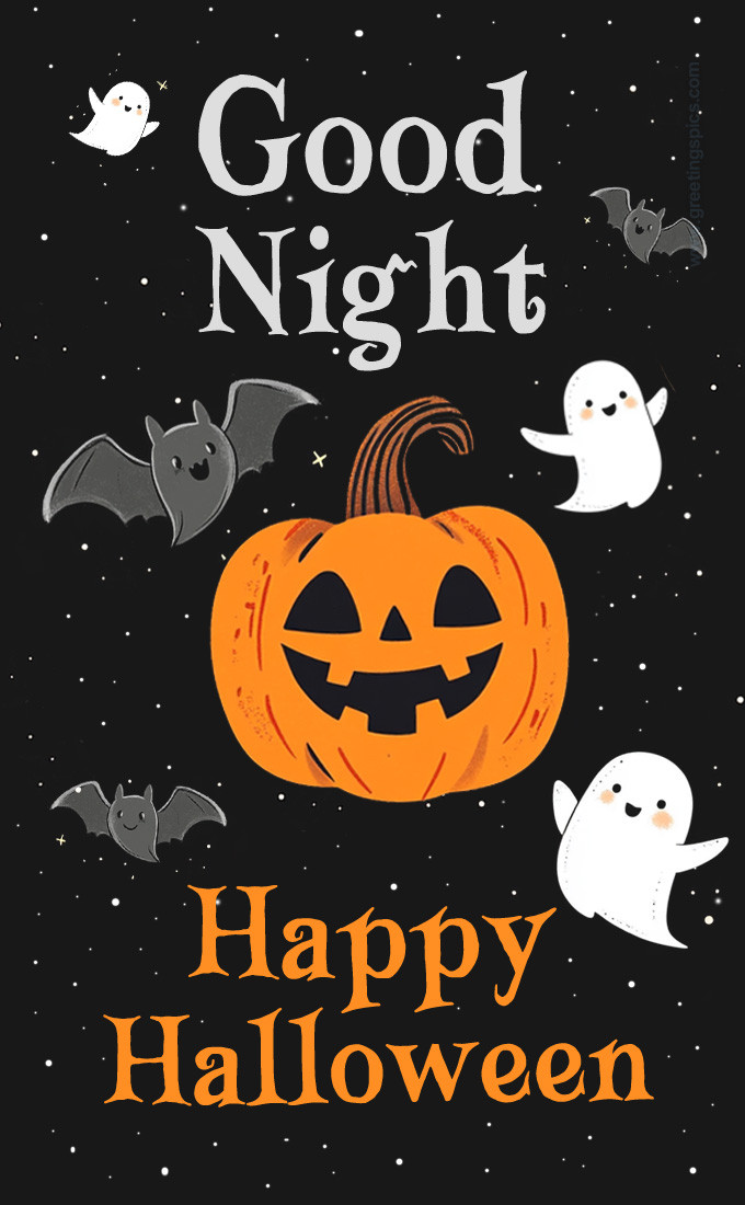 Good Night Happy Halloween image with cartoon bats, ghosts and pumpkin (tall rectangle shape picture)