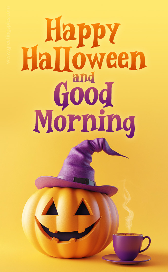 Good Morning Halloween picture with a cup of cappuccino (tall rectangle shape picture)