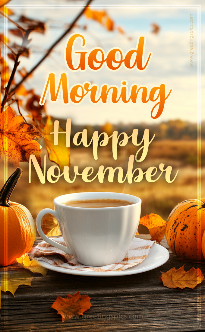 Good Morning Happy November picture with a cup of latte and a pumpkin (tall rectangle shape picture)