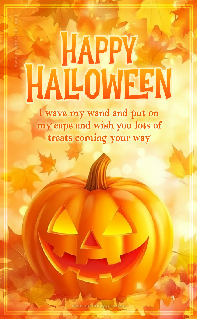 Picture of pumpkin in autumn foliage and Happy Halloween wish (tall rectangle shape picture)