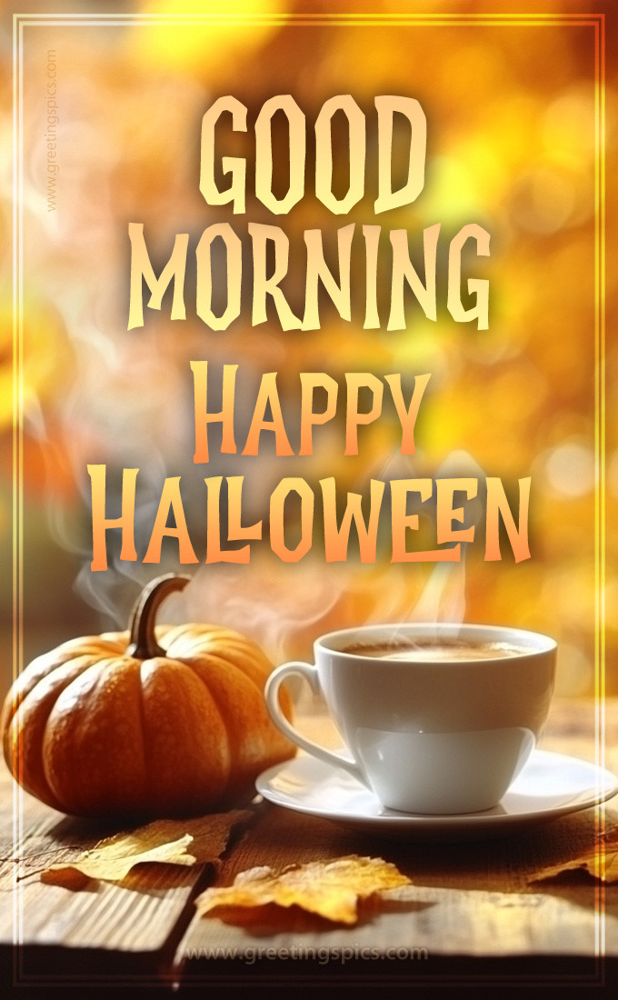 Good Morning Halloween image with a cup of latte and a pumpkin (tall rectangle shape picture)