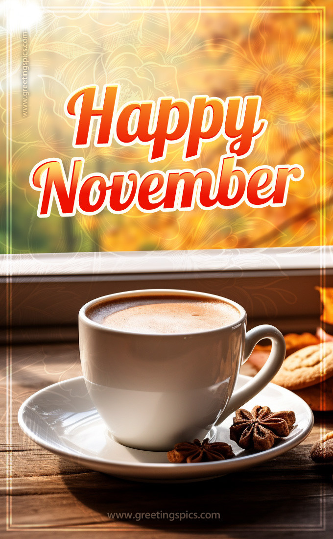 Happy November picture with coffee and cookies (tall rectangle shape picture)