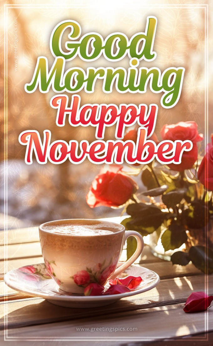 Good Morning Happy November picture with coffee and roses on the table on a frosty day (tall rectangle shape picture)