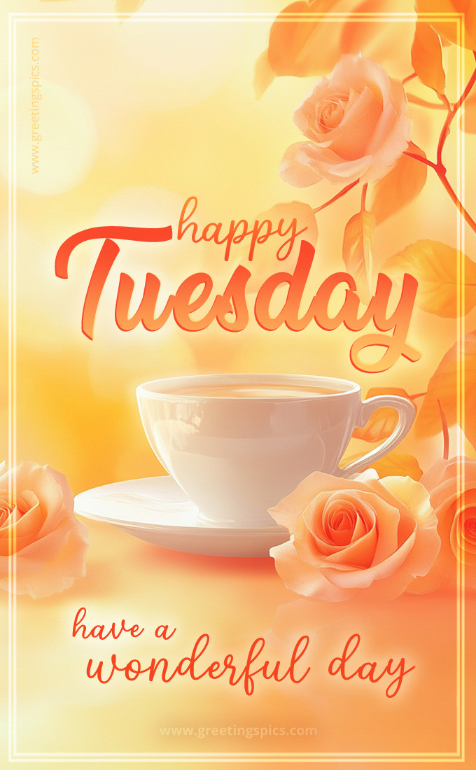 Happy Tuesday image with beautiful roses on a bright orange background (tall rectangle shape picture)