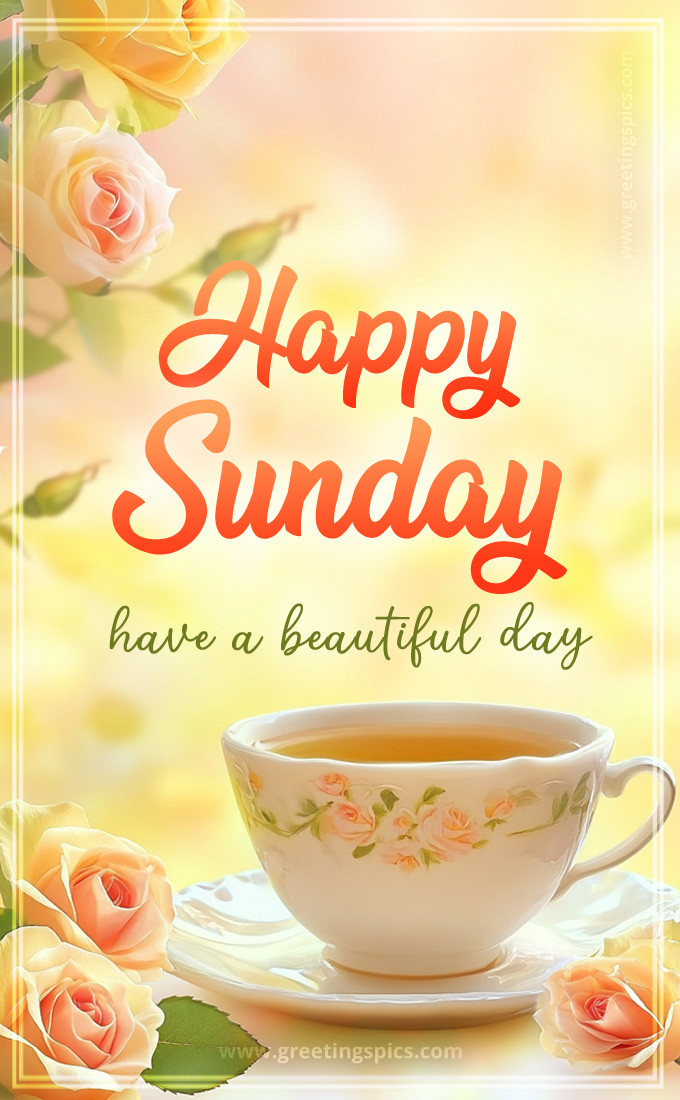 Happy Sunday have a Beautiful Day beautiful card with a cup of tea (tall rectangle shape picture)