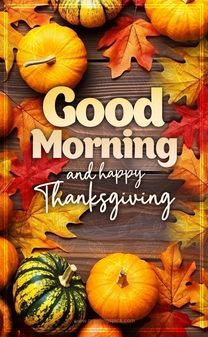 Good Morning and Happy Thanksgiving picture with fall leaves on wooden table (tall rectangle shape picture)