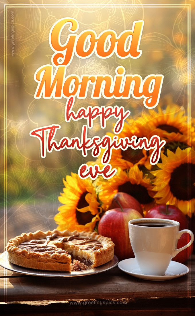 Good Morning Happy Thanksgiving Eve image with tea and aplle pie (tall rectangle shape picture)