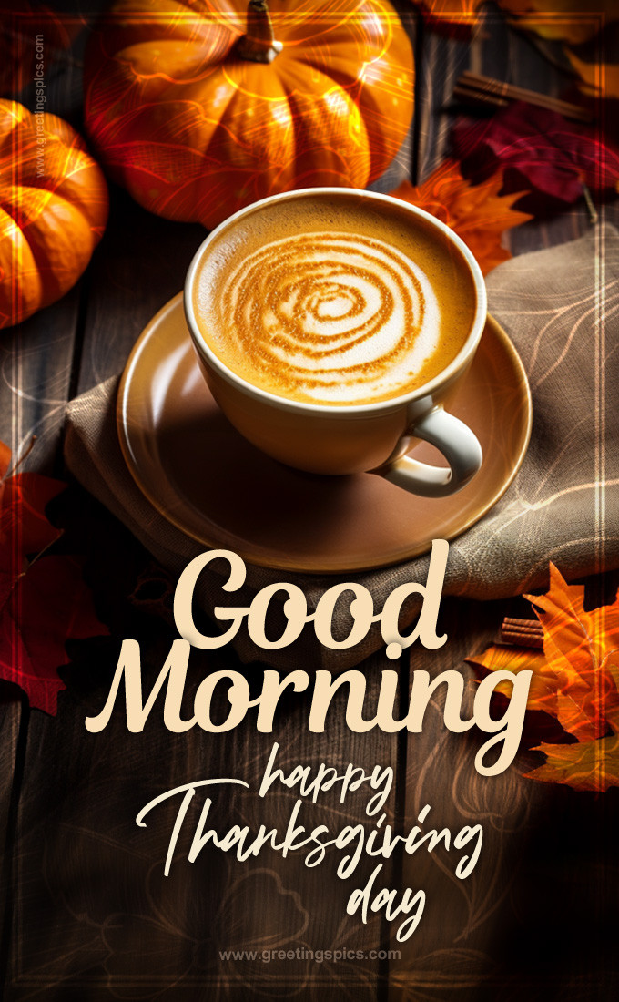 Good Morning Happy Thanksgiving Day image with cappuccino, pumpkins and autumn leaves (tall rectangle shape picture)