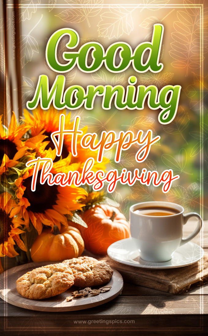 Good Morning Thanksgiving picture with cookies and a cup of coffee (tall rectangle shape picture)