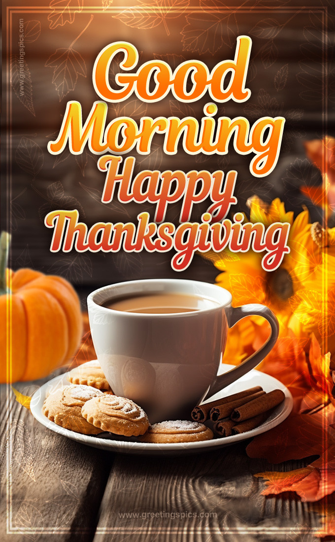 Good Morning Happy Thanksgiving image with coffee and sunflowers (tall rectangle shape picture)