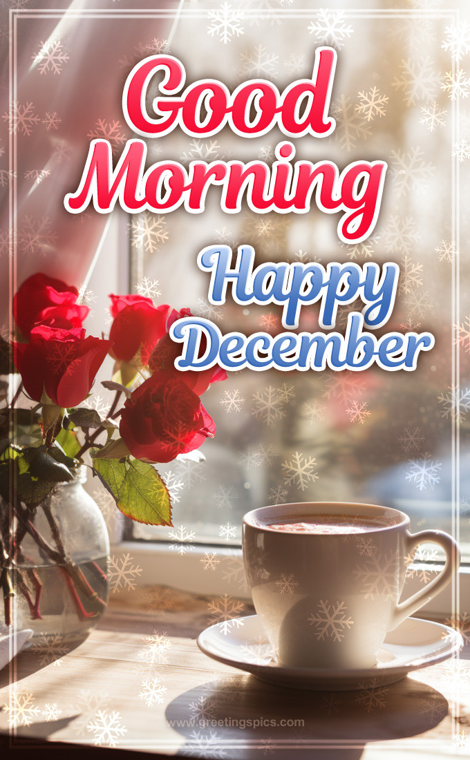 Good Morning Happy December Image with coffee and roses (tall rectangle shape picture)