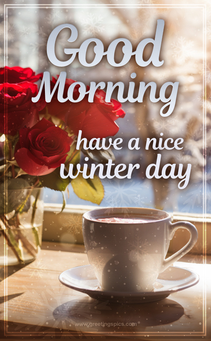 Good Morning Have a Nice Winter Day image with cup of coffee and red roses (tall rectangle shape picture)