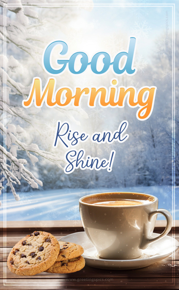 Good Morning Rise and Shine Winter image with coffee and cookies (tall rectangle shape picture)