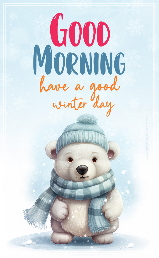 Winter Good Morning image with cute polar bear in a hat and scarf (tall rectangle shape picture)