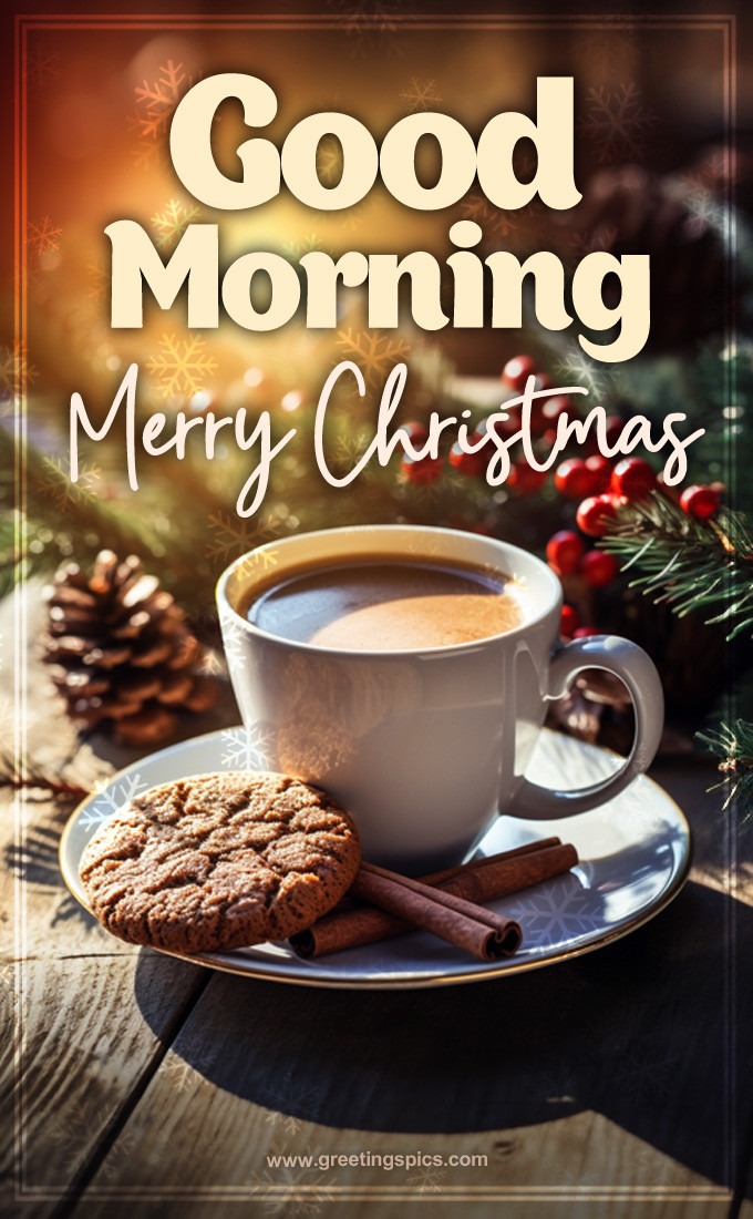 Good Morning Merry Christmas image with cup of coffee (tall rectangle shape picture)