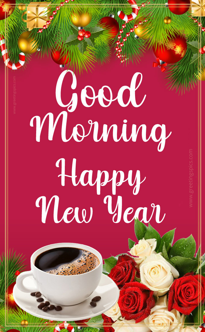 Good Morning Happy New Year image with coffee and roses (tall rectangle shape picture)