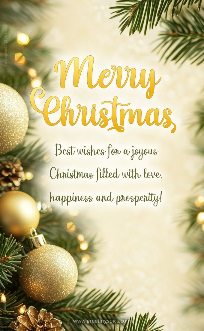 Merry Christmas image with golden decorations on christmas tree (tall rectangle shape picture)