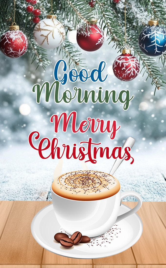 Good Morning Merry Christmas Image with a cup of capuccino and beautiful baubles (tall rectangle shape picture)