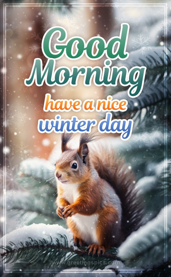 Good Morning Winter image with squirrel (tall rectangle shape picture)