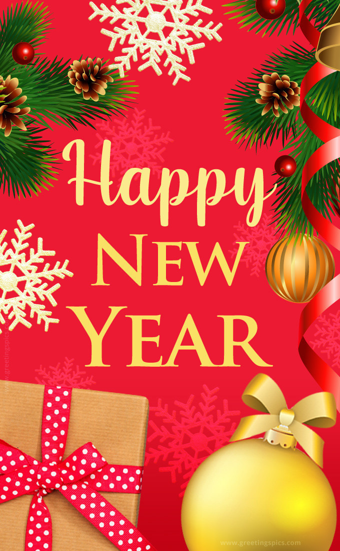 Happy New Year greeting card with bright red background (tall rectangle shape picture)