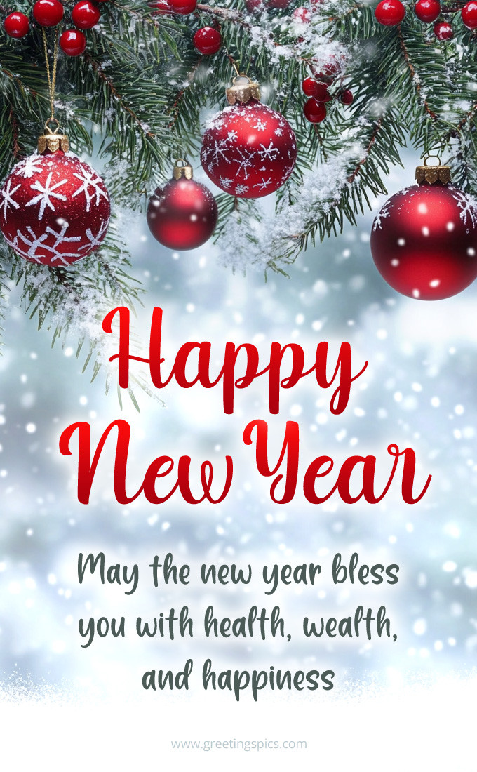 New Year wishes with colorful baubles on a snowy tree (tall rectangle shape picture)