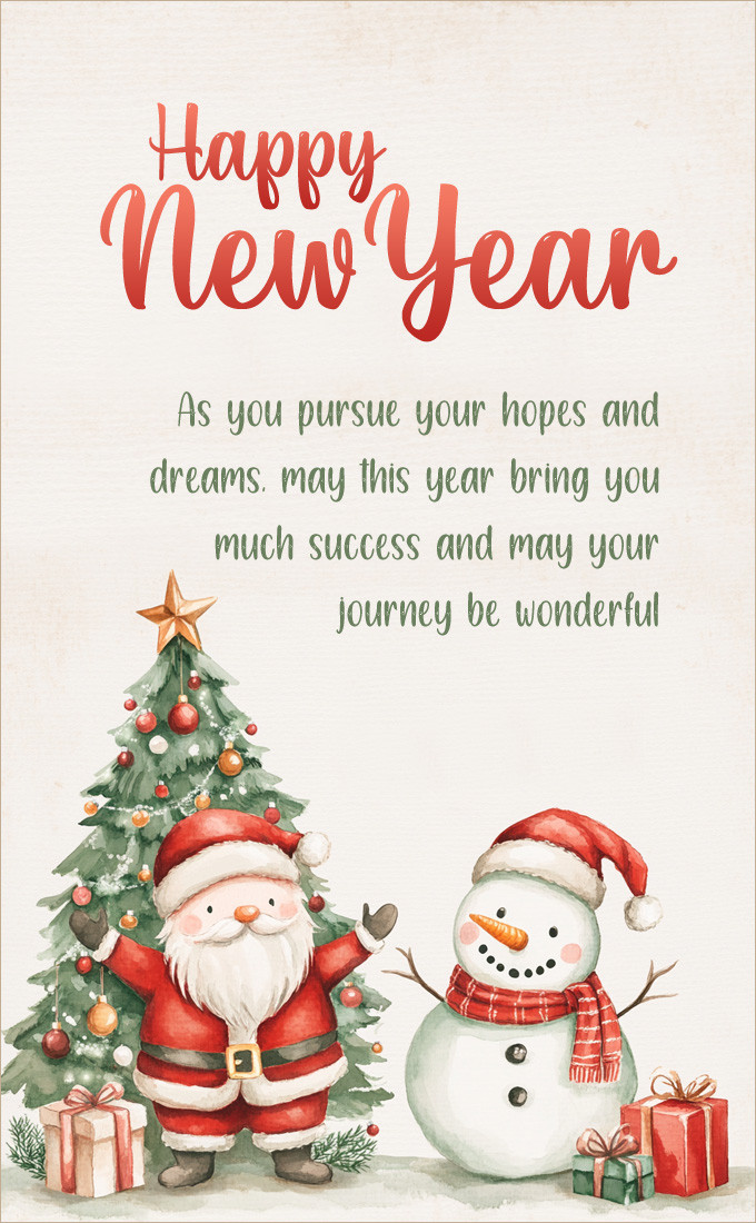 Happy New Year Picture with cute cartoon Santa and snowman (tall rectangle shape picture)