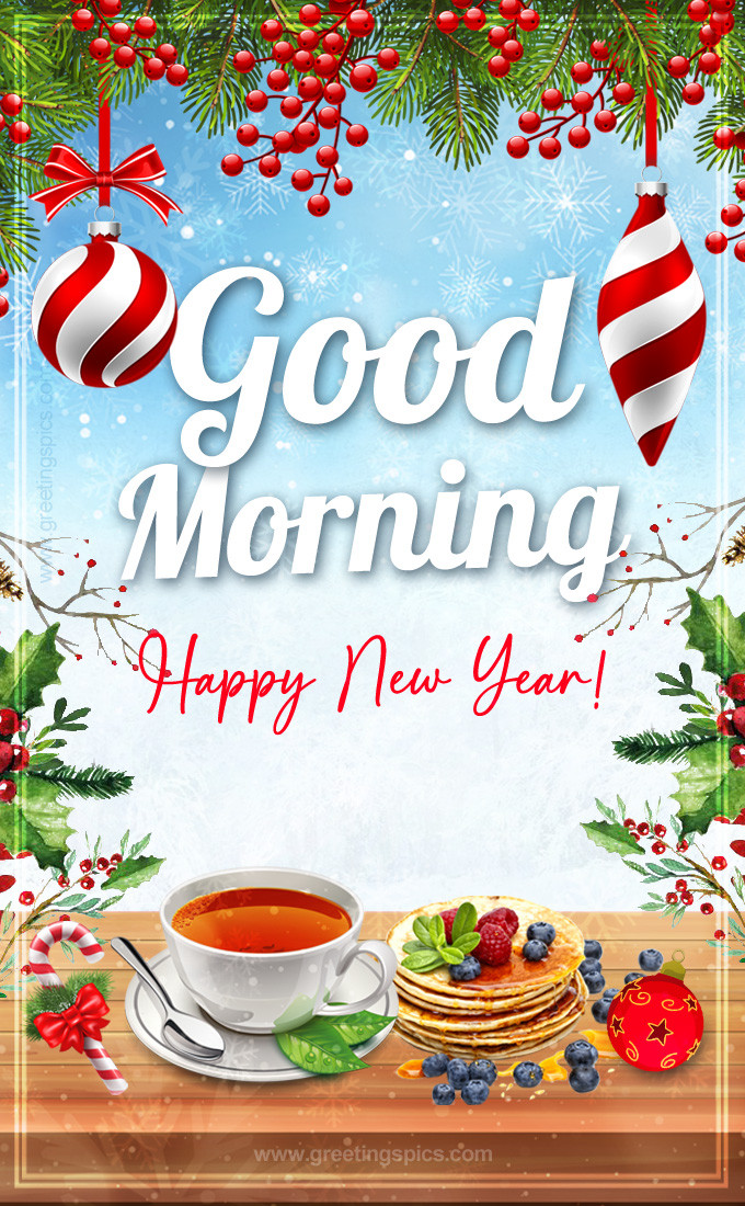 Good Morning Happy New Year image with cup of tea (tall rectangle shape picture)