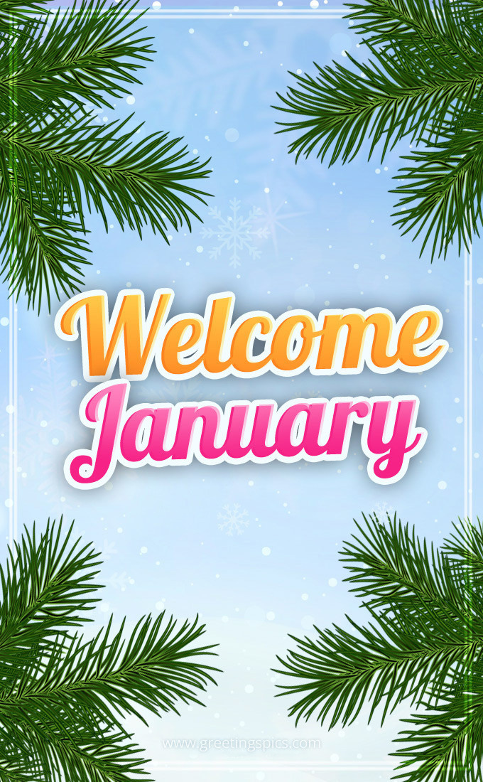 Welcome January image with a colorful inscription and fir branches (tall rectangle shape picture)