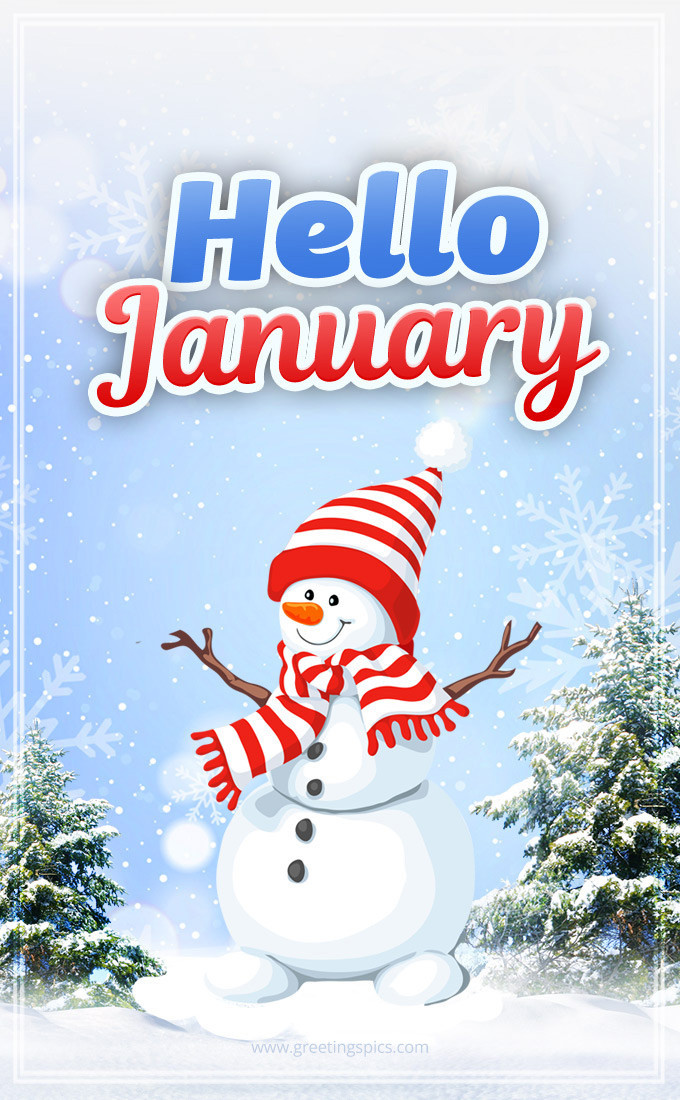 Hello January image with funny snowman (tall rectangle shape picture)