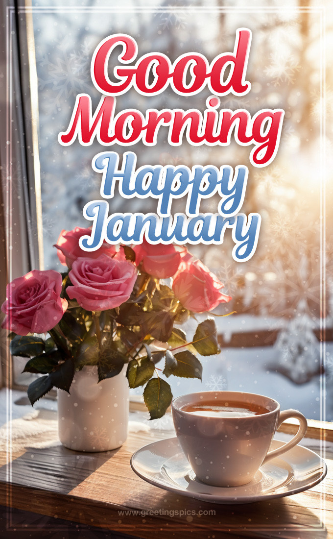 Good Moring Happy January beautiful picture with coffee and red roses (tall rectangle shape picture)