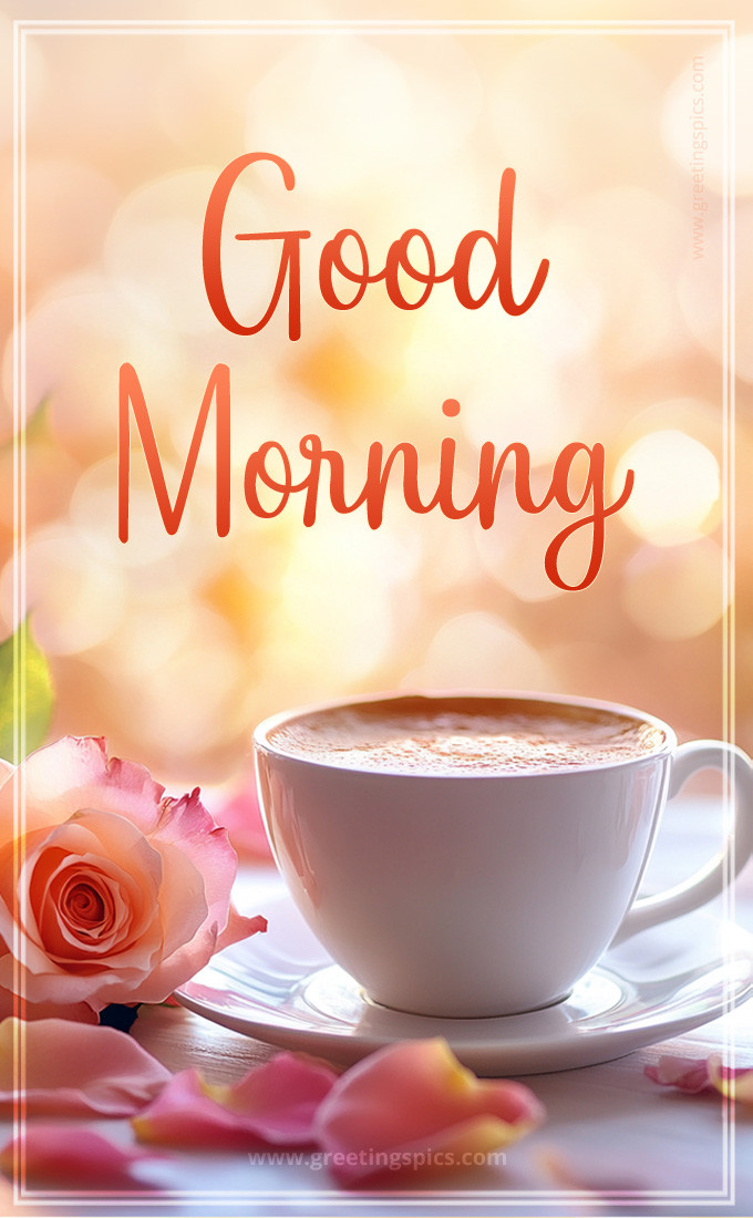 A brightly colored picture with a flavored latte, rose petals and a Good Morning Wish (tall rectangle shape picture)