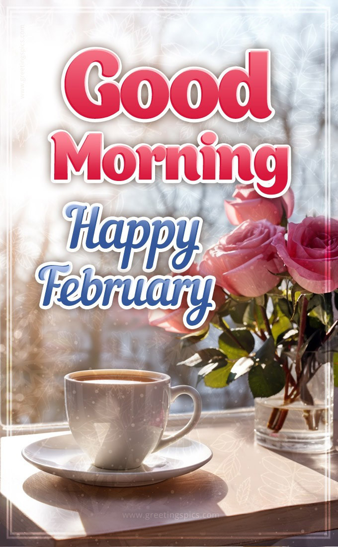 Good Morning Happy February image with cup of coffee and pink roses (tall rectangle shape picture)